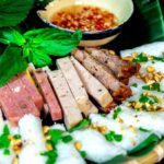 Grilled Pork with Steamed Rice Vermicelli Bundles and spring rolls